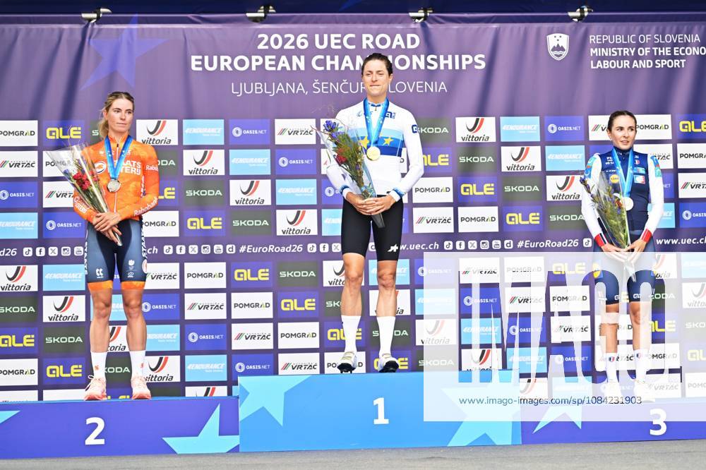 Netherlands Demi Vollering; Switzerland s Marlen Reusser and France s Juliette Berthet celebrate on the podium after the Women Elite Individual Time Trial race (22km) at the cycling UEC Road European Championships, in Ljubljana, Slovenia, on Wednesday 7 October 2026. The UEC Road European Championships are taking place from 02 to 07 October in Ljubljana, Slovenia. DAVIDxPINTENS x189052126x