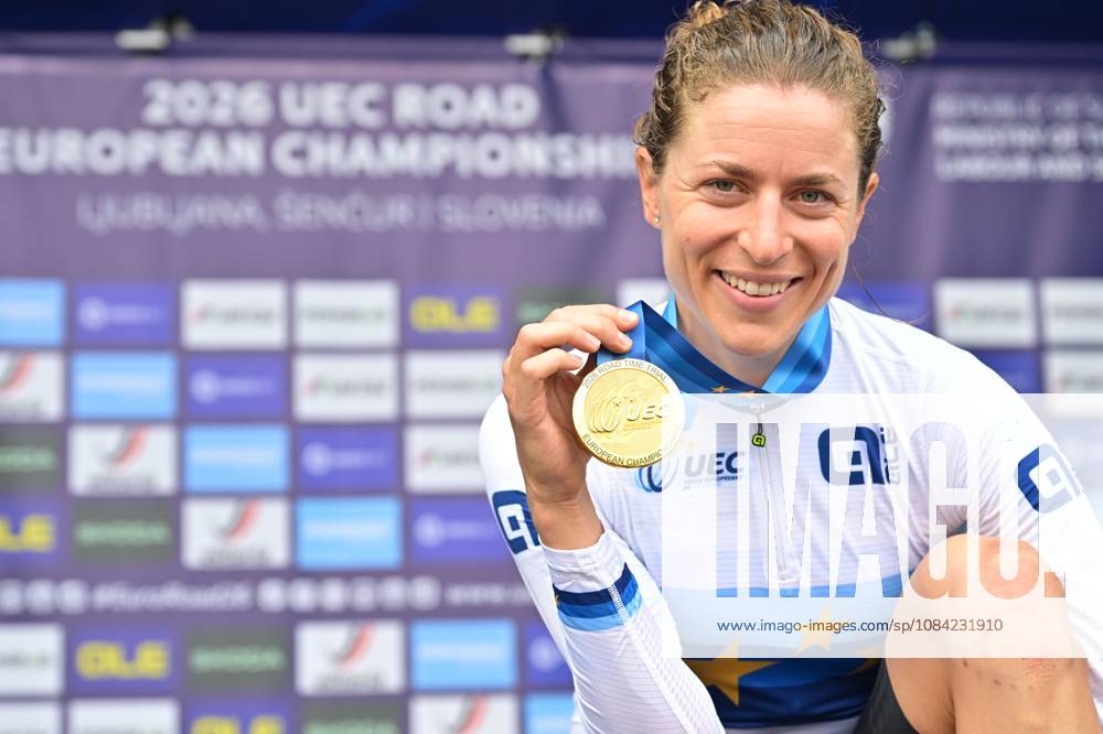 Switzerland s Marlen Reusser celebrates on the podium after winning the Women Elite Individual Time Trial race (22km) at the cycling UEC Road European Championships, in Ljubljana, Slovenia, on Wednesday 7 October 2026. The UEC Road European Championships are taking place from 02 to 07 October in Ljubljana, Slovenia. DAVIDxPINTENS x189052880x