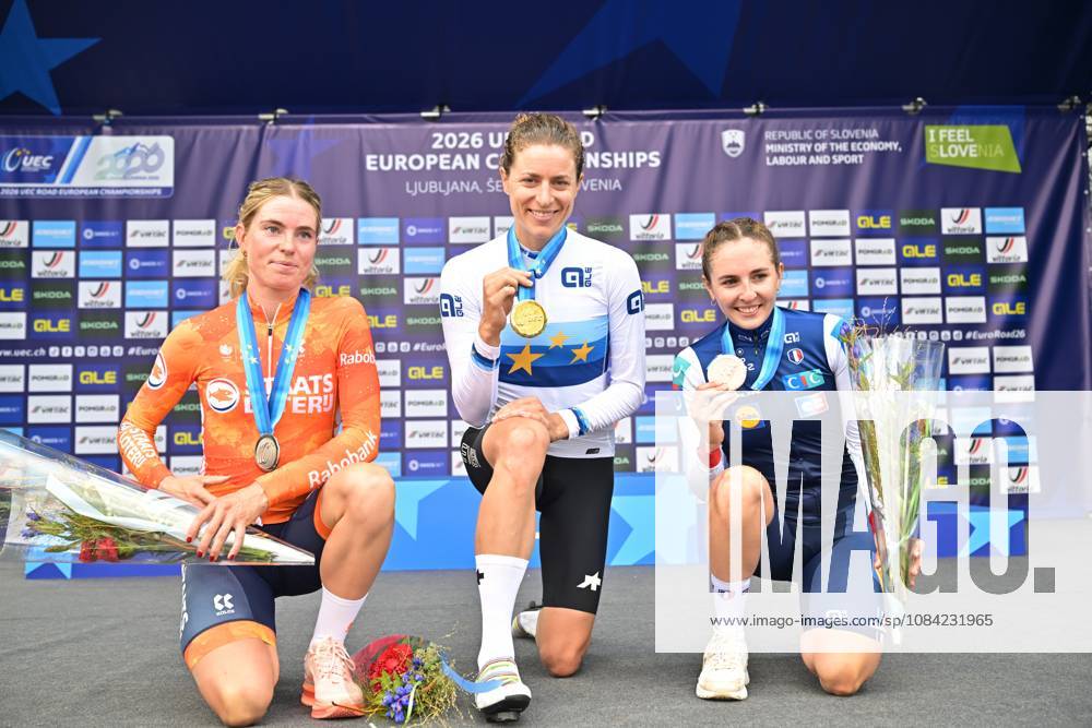 Netherlands Demi Vollering; Switzerland s Marlen Reusser and France s Juliette Berthet celebrate on the podium after the Women Elite Individual Time Trial race (22km) at the cycling UEC Road European Championships, in Ljubljana, Slovenia, on Wednesday 7 October 2026. The UEC Road European Championships are taking place from 02 to 07 October in Ljubljana, Slovenia. DAVIDxPINTENS x189053694x