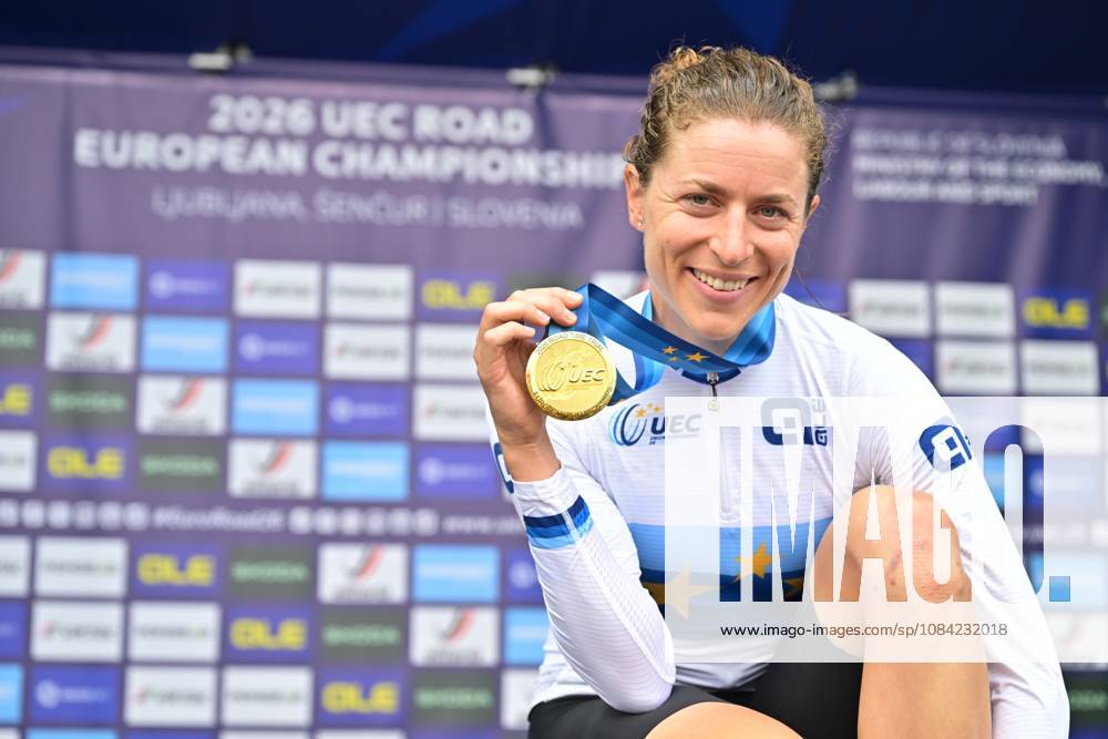 Switzerland s Marlen Reusser celebrates on the podium after winning the Women Elite Individual Time Trial race (22km) at the cycling UEC Road European Championships, in Ljubljana, Slovenia, on Wednesday 7 October 2026. The UEC Road European Championships are taking place from 02 to 07 October in Ljubljana, Slovenia. DAVIDxPINTENS x189054127x