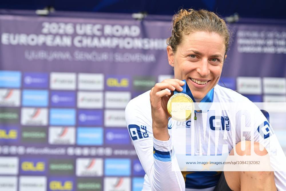 Switzerland s Marlen Reusser celebrates on the podium after winning the Women Elite Individual Time Trial race (22km) at the cycling UEC Road European Championships, in Ljubljana, Slovenia, on Wednesday 7 October 2026. The UEC Road European Championships are taking place from 02 to 07 October in Ljubljana, Slovenia. DAVIDxPINTENS x189054108x