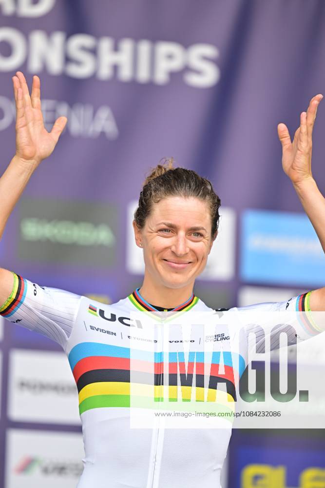 Switzerland s Marlen Reusser celebrates on the podium after winning the Women Elite Individual Time Trial race (22km) at the cycling UEC Road European Championships, in Ljubljana, Slovenia, on Wednesday 7 October 2026. The UEC Road European Championships are taking place from 02 to 07 October in Ljubljana, Slovenia. DAVIDxPINTENS x189054143x