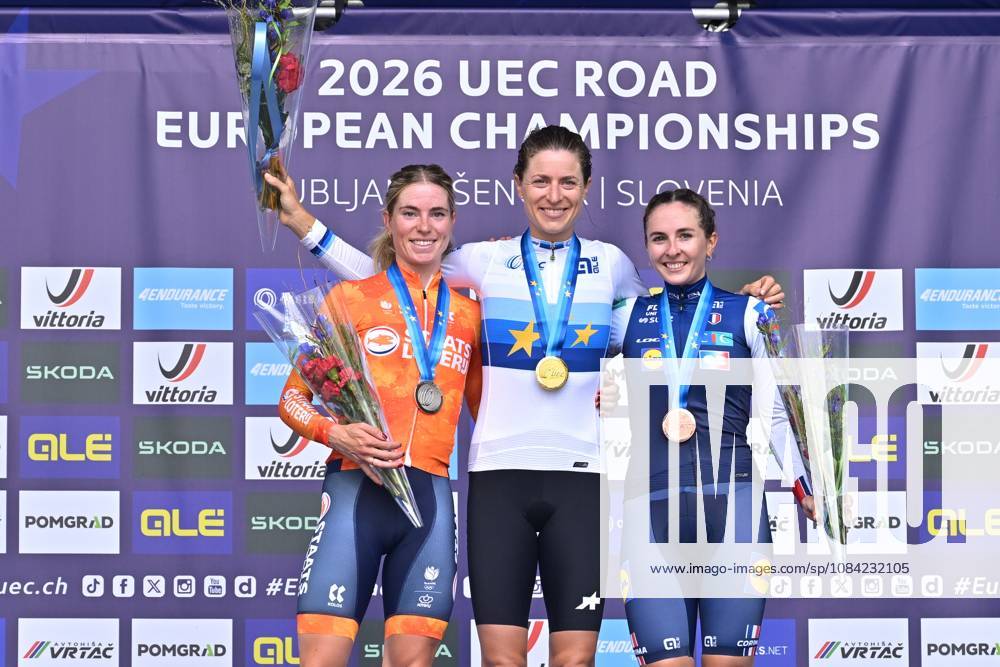 Netherlands Demi Vollering; Switzerland s Marlen Reusser and France s Juliette Berthet celebrate on the podium after the Women Elite Individual Time Trial race (22km) at the cycling UEC Road European Championships, in Ljubljana, Slovenia, on Wednesday 7 October 2026. The UEC Road European Championships are taking place from 02 to 07 October in Ljubljana, Slovenia. DAVIDxPINTENS x189054844x