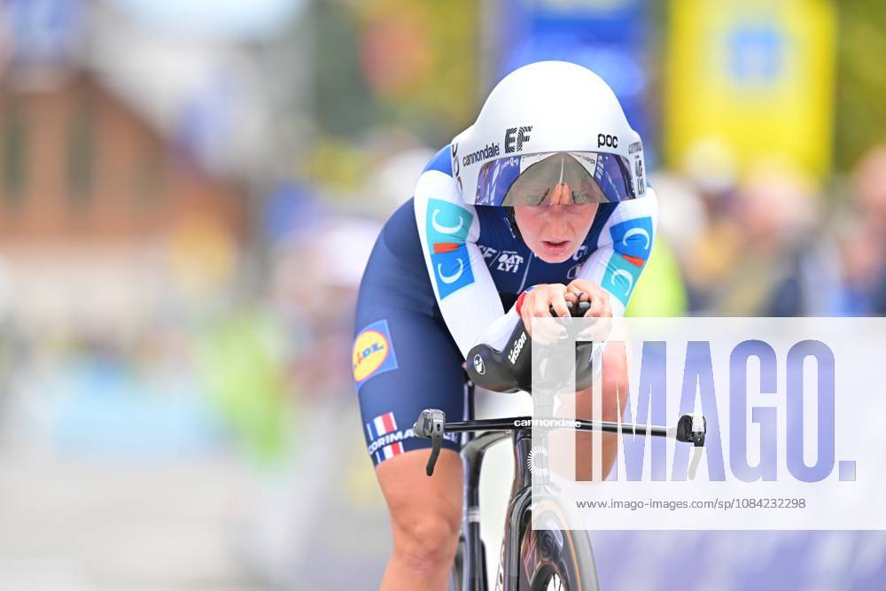 France s Cedrine Kerbaol crosses the finish line of the Women Elite Individual Time Trial race (22km) at the cycling UEC Road European Championships, in Ljubljana, Slovenia, on Wednesday 7 October 2026. The UEC Road European Championships are taking place from 02 to 07 October in Ljubljana, Slovenia. DAVIDxPINTENS x189055022x