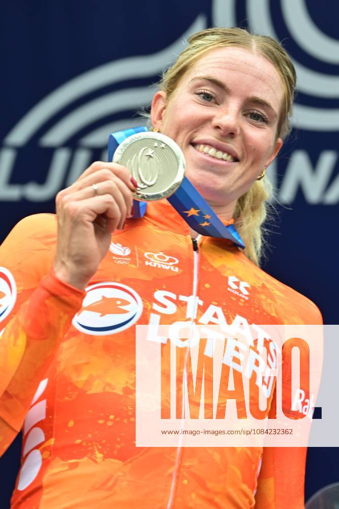 Netherlands Demi Vollering , winner of the silver medal celebrates on the podium of the Women Elite Individual Time Trial race (22km) at the cycling UEC Road European Championships, in Ljubljana, Slovenia, on Wednesday 7 October 2026. The UEC Road European Championships are taking place from 02 to 07 October in Ljubljana, Slovenia. DAVIDxPINTENS x189055565x