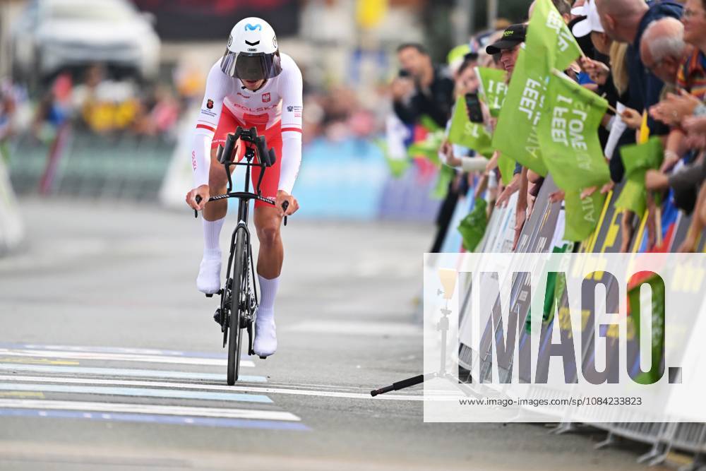 Poland s Filip Maciejuk crosses the finish line of the Men Elite Individual Time Trial race (22km) at the cycling UEC Road European Championships, in Ljubljana, Slovenia, on Wednesday 7 October 2026. The UEC Road European Championships are taking place from 02 to 07 October in Ljubljana, Slovenia. DAVIDxPINTENS x189066158x