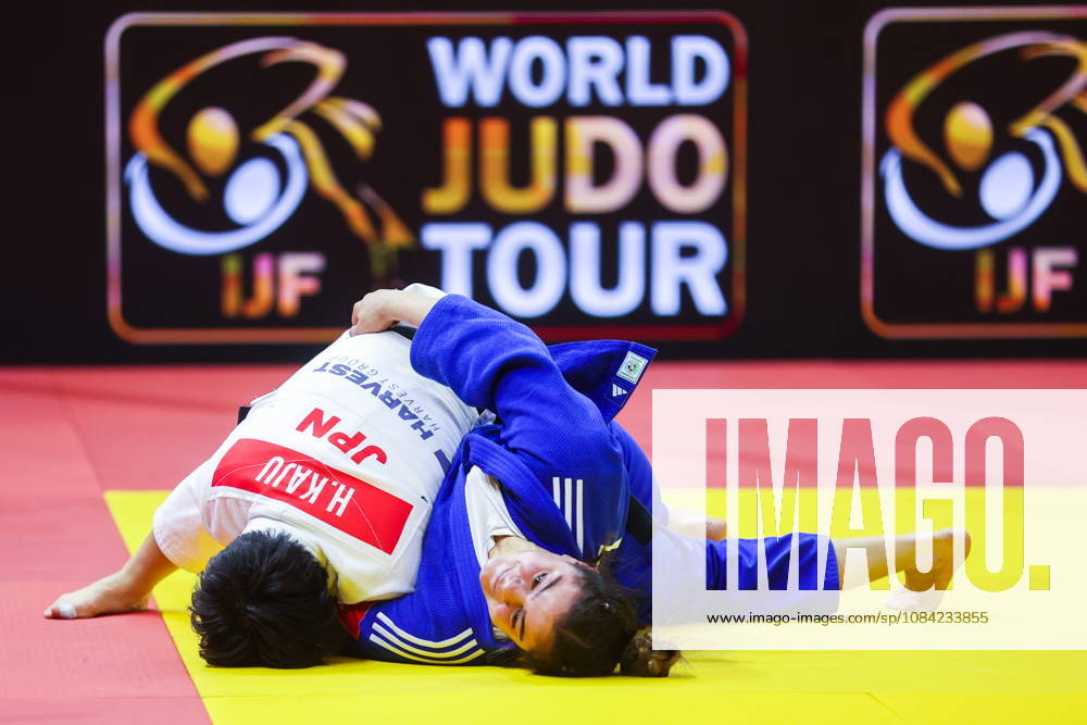 AZERBAIJAN, BAKU - OCTOBER 7, 2026: Kerem Primo (R) of Israel and Haruka Kaju of Japan compete in a -63 kg bout as part of the 2026 World Judo Championships at the National Gymnastics Arena. Mikhail Sinitsyn TASS 98913908