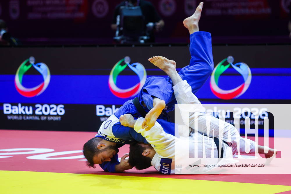 AZERBAIJAN, BAKU - OCTOBER 7, 2026: Abylaikhan Zhubanazar (top) of Kazakhstan and Omar Radzhabli of Azerbaijan compete in their -81 kg bout as part of the 2026 World Judo Championships at the National Gymnastics Arena. Mikhail Sinitsyn TASS 98914711