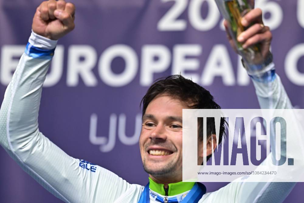 Slovenia s Primoz Roglic celebrates on the podium after winning the Men Elite Individual Time Trial race (22km) at the cycling UEC Road European Championships, in Ljubljana, Slovenia, on Wednesday 7 October 2026. The UEC Road European Championships are taking place from 02 to 07 October in Ljubljana, Slovenia. DAVIDxPINTENS x189071245x