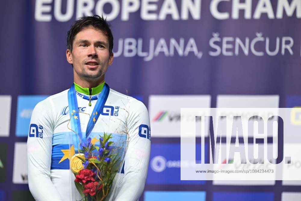 Slovenia s Primoz Roglic celebrates on the podium after winning the Men Elite Individual Time Trial race (22km) at the cycling UEC Road European Championships, in Ljubljana, Slovenia, on Wednesday 7 October 2026. The UEC Road European Championships are taking place from 02 to 07 October in Ljubljana, Slovenia. DAVIDxPINTENS x189071296x