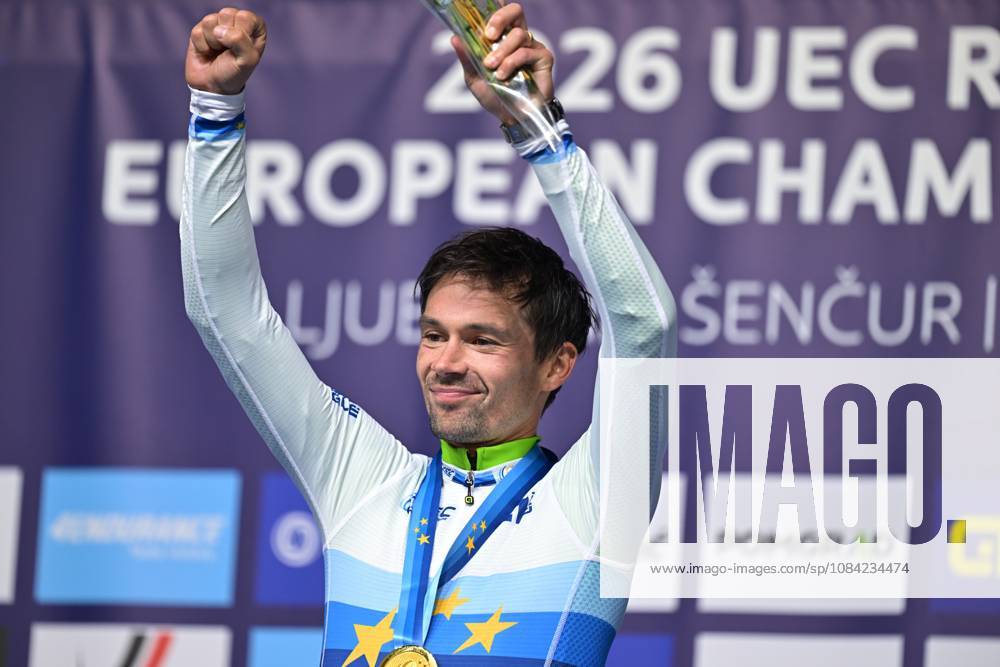 Slovenia s Primoz Roglic celebrates on the podium after winning the Men Elite Individual Time Trial race (22km) at the cycling UEC Road European Championships, in Ljubljana, Slovenia, on Wednesday 7 October 2026. The UEC Road European Championships are taking place from 02 to 07 October in Ljubljana, Slovenia. DAVIDxPINTENS x189071311x