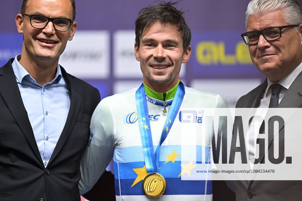 Slovenia s Primoz Roglic celebrates on the podium after winning the Men Elite Individual Time Trial race (22km) at the cycling UEC Road European Championships, in Ljubljana, Slovenia, on Wednesday 7 October 2026. The UEC Road European Championships are taking place from 02 to 07 October in Ljubljana, Slovenia. DAVIDxPINTENS x189071323x