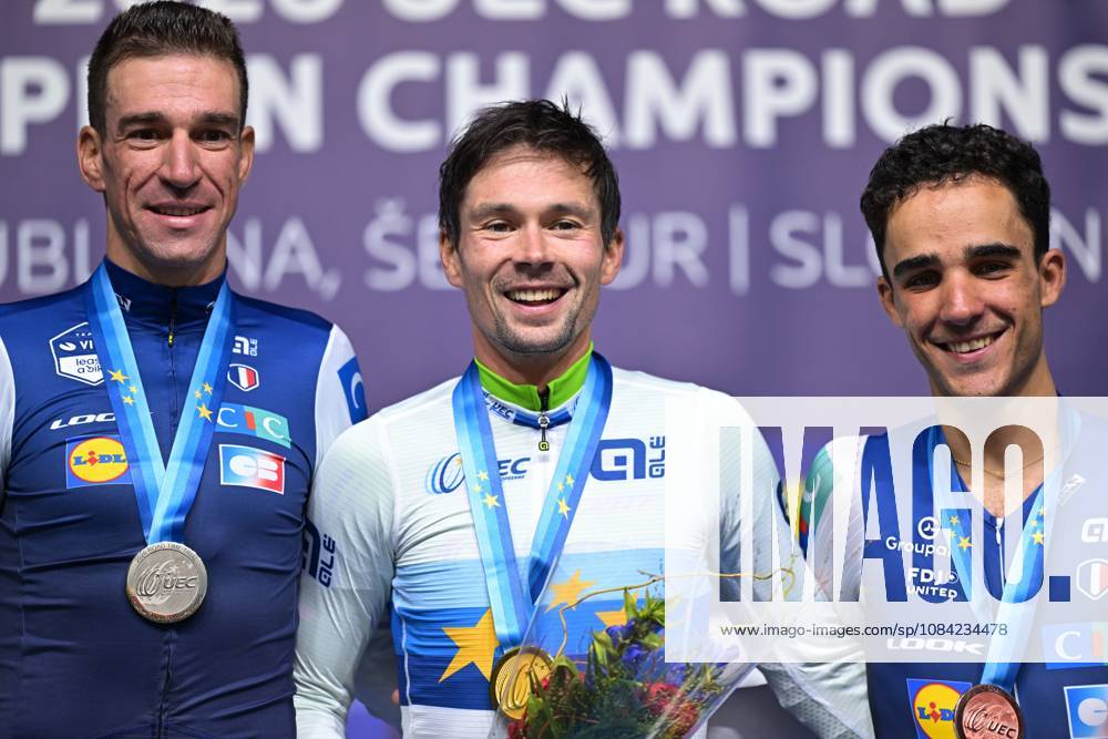 France s Bruno Armirail; Slovenia s Primoz Roglic and France s Maxime Decomble celebrate on the podium of the Men Elite Individual Time Trial race (22km) at the cycling UEC Road European Championships, in Ljubljana, Slovenia, on Wednesday 7 October 2026. The UEC Road European Championships are taking place from 02 to 07 October in Ljubljana, Slovenia. DAVIDxPINTENS x189071457x