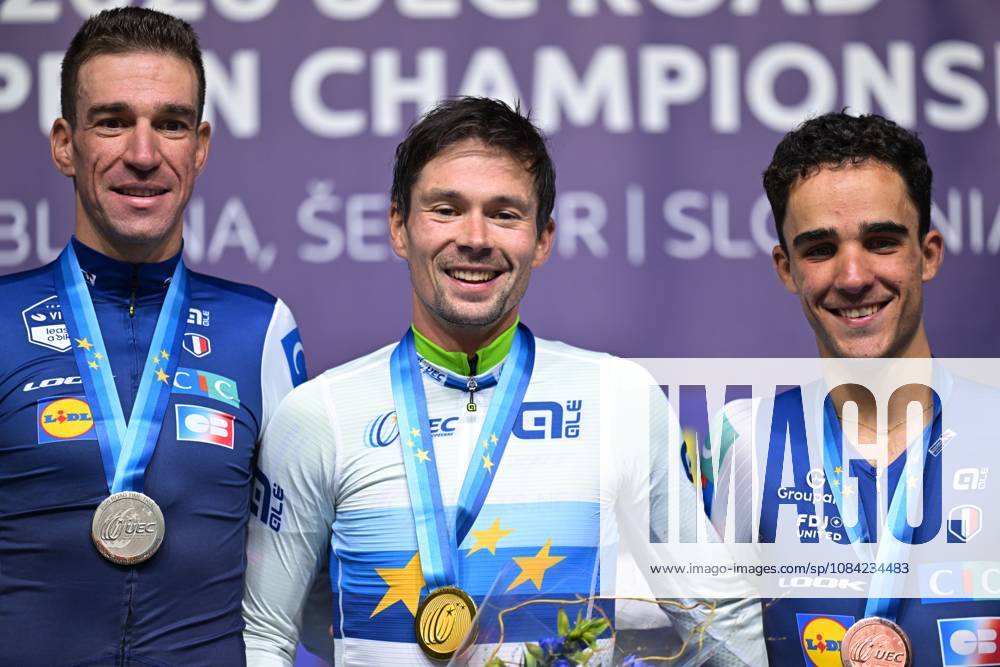 France s Bruno Armirail; Slovenia s Primoz Roglic and France s Maxime Decomble celebrate on the podium of the Men Elite Individual Time Trial race (22km) at the cycling UEC Road European Championships, in Ljubljana, Slovenia, on Wednesday 7 October 2026. The UEC Road European Championships are taking place from 02 to 07 October in Ljubljana, Slovenia. DAVIDxPINTENS x189071413x