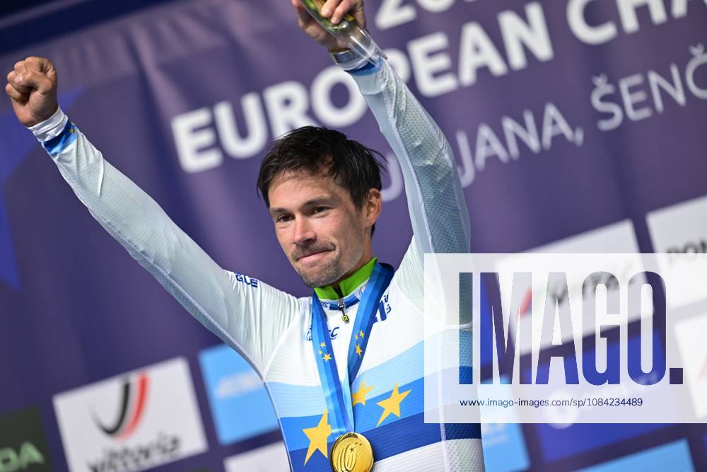 Slovenia s Primoz Roglic celebrates on the podium after winning the Men Elite Individual Time Trial race (22km) at the cycling UEC Road European Championships, in Ljubljana, Slovenia, on Wednesday 7 October 2026. The UEC Road European Championships are taking place from 02 to 07 October in Ljubljana, Slovenia. DAVIDxPINTENS x189071488x