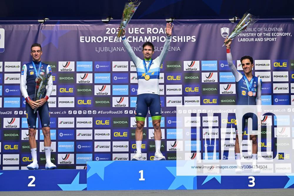 France s Bruno Armirail; Slovenia s Primoz Roglic and France s Maxime Decomble celebrate on the podium of the Men Elite Individual Time Trial race (22km) at the cycling UEC Road European Championships, in Ljubljana, Slovenia, on Wednesday 7 October 2026. The UEC Road European Championships are taking place from 02 to 07 October in Ljubljana, Slovenia. DAVIDxPINTENS x189072017x