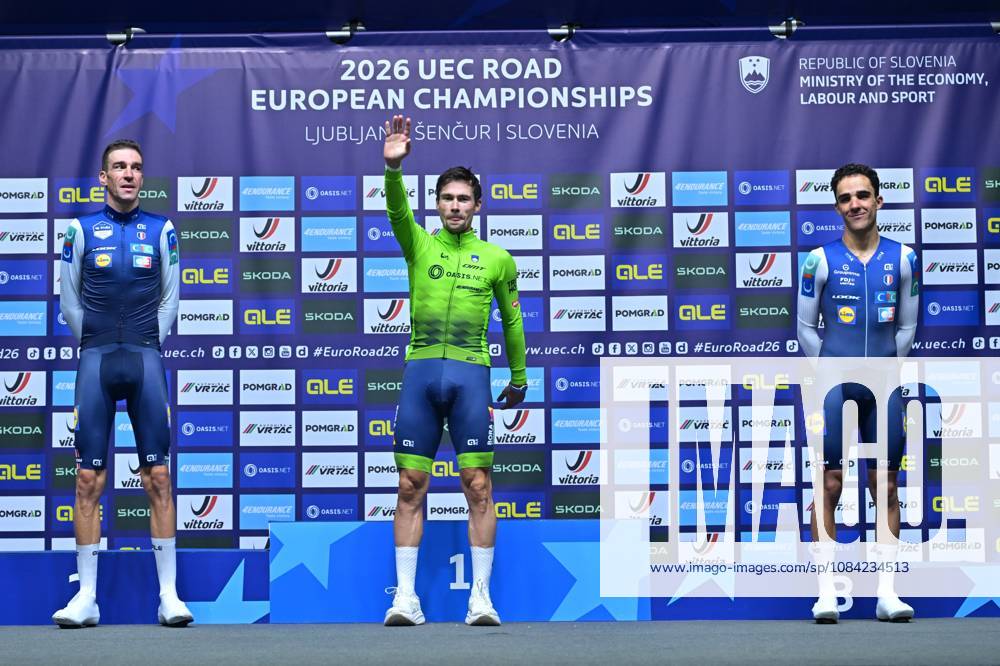 France s Bruno Armirail; Slovenia s Primoz Roglic and France s Maxime Decomble celebrate on the podium of the Men Elite Individual Time Trial race (22km) at the cycling UEC Road European Championships, in Ljubljana, Slovenia, on Wednesday 7 October 2026. The UEC Road European Championships are taking place from 02 to 07 October in Ljubljana, Slovenia. DAVIDxPINTENS x189072342x