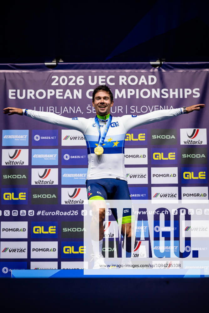 ROGLIÄa PrimoÅ¾ ROGLIC Primoz UEC Road Cycling European Championships Ljubljana 2026 ROGLIÄa PrimoÅ¾ ROGLIC Primoz SLO Slovenia Winner First Place Award Ceremony Medal Ceremony Podium Portrait Orientation Vertical Portrait Event UEC Road Cycling European Championships 2026 Ljubljana Category Cycling Road Cycling European Championships Individual Time Trial Elite Men Location Europe Slovenia Sencur Discipline Individual Time Trial ITT Distance 22 km Date October 7, 2026, Wednesday Day 5