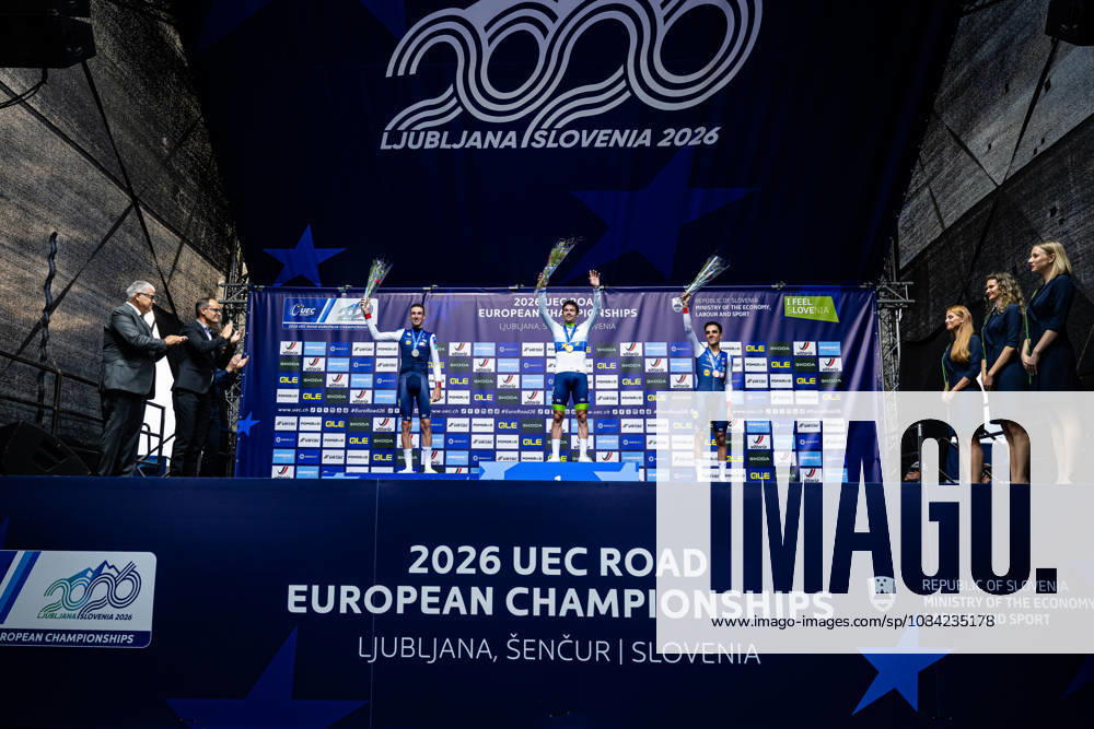 Bruno Armirail, Primož Roglic, DECOMBLE Maxime UEC Road Cycling European Championships Ljubljana 2026 ARMIRAIL Bruno FRA France Second Place ROGLIÄa Primož ROGLIC Primoz SLO Slovenia Winner First Place DECOMBLE Maxime FRA France Third Place Award Ceremony Medal Ceremony Podium Landscape Event UEC Road Cycling European Championships 2026 Ljubljana Category Cycling Road Cycling European Championships Individual Time Trial Elite Men Location Europe Slovenia Sencur Discipline Individual Time Trial ITT Distance 22 km Date October 7, 2026, Wednesday Day 5