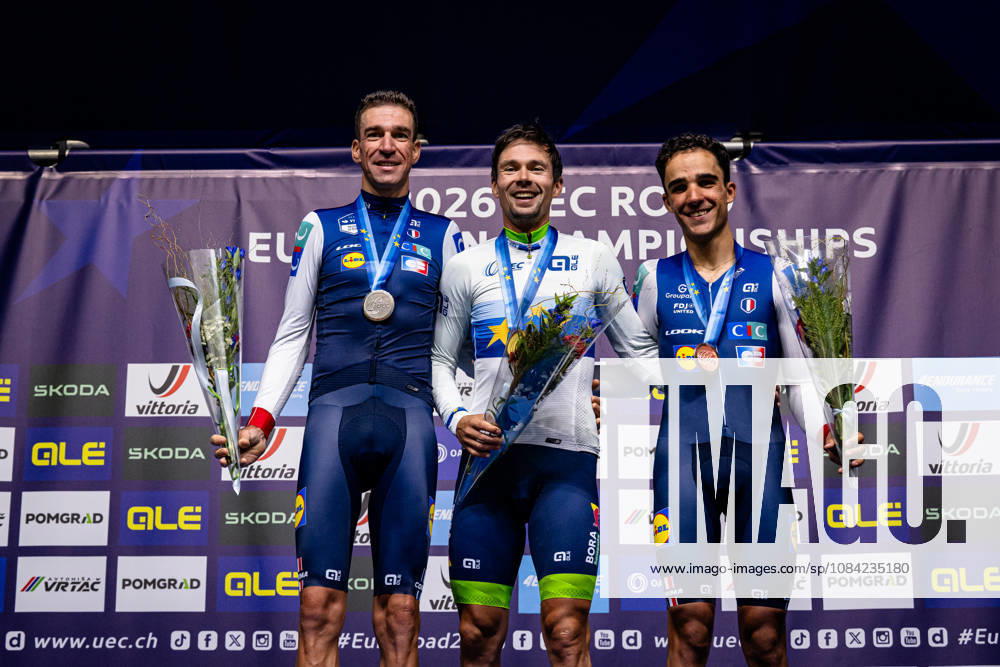 Bruno Armirail, Primož Roglic, DECOMBLE Maxime UEC Road Cycling European Championships Ljubljana 2026 ARMIRAIL Bruno FRA France Second Place ROGLIÄa PrimoÅ¾ ROGLIC Primoz SLO Slovenia Winner First Place DECOMBLE Maxime FRA France Third Place Award Ceremony Medal Ceremony Podium Landscape Event UEC Road Cycling European Championships 2026 Ljubljana Category Cycling Road Cycling European Championships Individual Time Trial Elite Men Location Europe Slovenia Sencur Discipline Individual Time Trial ITT Distance 22 km Date October 7, 2026, Wednesday Day 5
