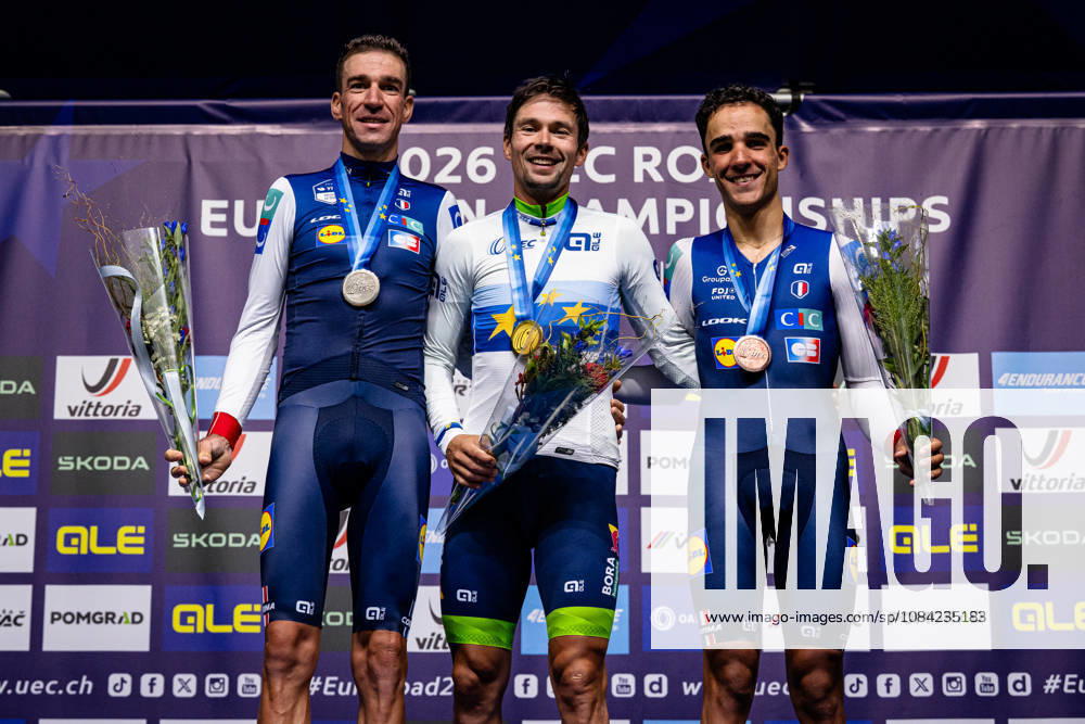 Bruno Armirail, Primož Roglic, DECOMBLE Maxime UEC Road Cycling European Championships Ljubljana 2026 ARMIRAIL Bruno FRA France Second Place ROGLIÄa PrimoÅ¾ ROGLIC Primoz SLO Slovenia Winner First Place DECOMBLE Maxime FRA France Third Place Award Ceremony Medal Ceremony Podium Landscape Event UEC Road Cycling European Championships 2026 Ljubljana Category Cycling Road Cycling European Championships Individual Time Trial Elite Men Location Europe Slovenia Sencur Discipline Individual Time Trial ITT Distance 22 km Date October 7, 2026, Wednesday Day 5