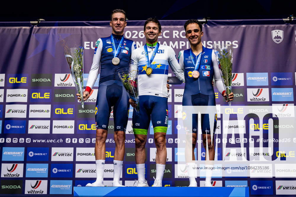 Bruno Armirail, Primož Roglic, DECOMBLE Maxime UEC Road Cycling European Championships Ljubljana 2026 ARMIRAIL Bruno FRA France Second Place ROGLIÄa PrimoÅ¾ ROGLIC Primoz SLO Slovenia Winner First Place DECOMBLE Maxime FRA France Third Place Award Ceremony Medal Ceremony Podium Landscape Event UEC Road Cycling European Championships 2026 Ljubljana Category Cycling Road Cycling European Championships Individual Time Trial Elite Men Location Europe Slovenia Sencur Discipline Individual Time Trial ITT Distance 22 km Date October 7, 2026, Wednesday Day 5
