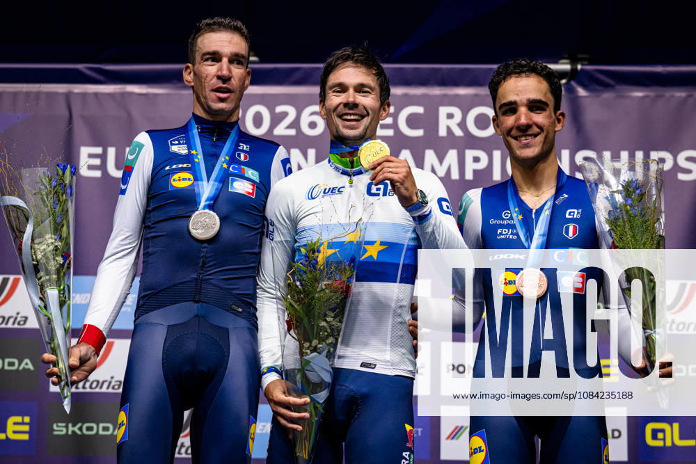 Bruno Armirail, Primož Roglic, DECOMBLE Maxime UEC Road Cycling European Championships Ljubljana 2026 ARMIRAIL Bruno FRA France Second Place ROGLIÄa PrimoÅ¾ ROGLIC Primoz SLO Slovenia Winner First Place DECOMBLE Maxime FRA France Third Place Award Ceremony Medal Ceremony Podium Landscape Event UEC Road Cycling European Championships 2026 Ljubljana Category Cycling Road Cycling European Championships Individual Time Trial Elite Men Location Europe Slovenia Sencur Discipline Individual Time Trial ITT Distance 22 km Date October 7, 2026, Wednesday Day 5