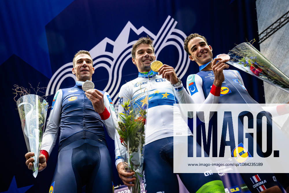 Bruno Armirail, Primož Roglic, DECOMBLE Maxime UEC Road Cycling European Championships Ljubljana 2026 ARMIRAIL Bruno FRA France Second Place ROGLIÄa PrimoÅ¾ ROGLIC Primoz SLO Slovenia Winner First Place DECOMBLE Maxime FRA France Third Place Award Ceremony Medal Ceremony Podium Landscape Event UEC Road Cycling European Championships 2026 Ljubljana Category Cycling Road Cycling European Championships Individual Time Trial Elite Men Location Europe Slovenia Sencur Discipline Individual Time Trial ITT Distance 22 km Date October 7, 2026, Wednesday Day 5
