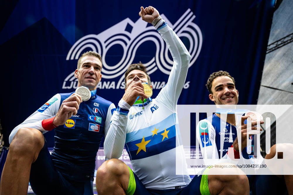 Bruno Armirail, Primož Roglic, DECOMBLE Maxime UEC Road Cycling European Championships Ljubljana 2026 ARMIRAIL Bruno FRA France Second Place ROGLIÄa PrimoÅ¾ ROGLIC Primoz SLO Slovenia Winner First Place DECOMBLE Maxime FRA France Third Place Award Ceremony Medal Ceremony Podium Landscape Event UEC Road Cycling European Championships 2026 Ljubljana Category Cycling Road Cycling European Championships Individual Time Trial Elite Men Location Europe Slovenia Sencur Discipline Individual Time Trial ITT Distance 22 km Date October 7, 2026, Wednesday Day 5