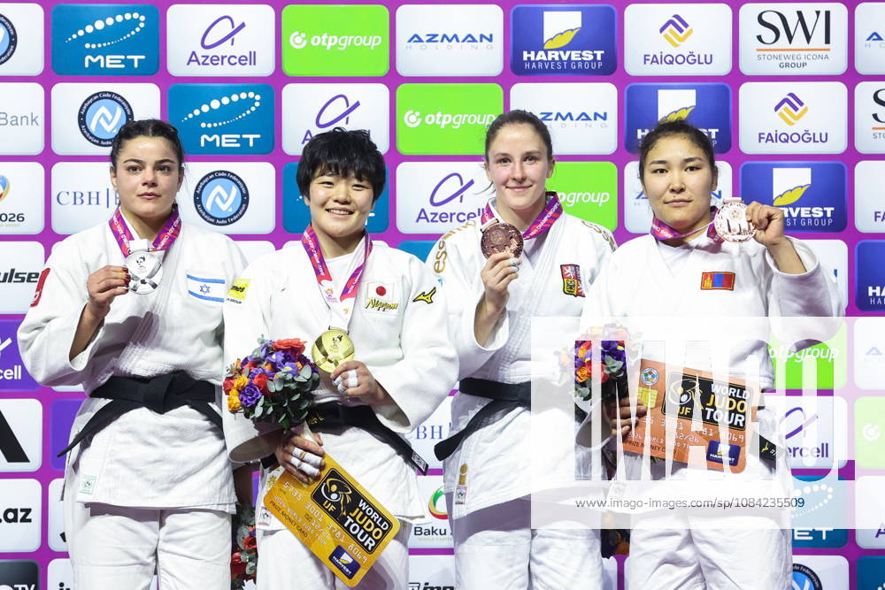 AZERBAIJAN, BAKU - OCTOBER 7, 2026: 2nd placed Kerem Primo of Israel, 1st placed Haruka Kaju of Japan, 3rd placed Renata Zachova of the Czech Republic, and 3rd placed Lkhagvatogoogiin Enkhriilen (L-R) of Mongolia attend an award ceremony for the women s -63 kg category during the 2026 World Judo Championships at the National Gymnastics Arena. Mikhail Sinitsyn TASS 98918240