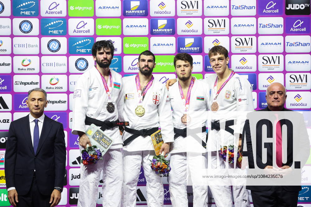 AZERBAIJAN, BAKU - OCTOBER 7, 2026: 2nd placed Zelim Tckaev of Azerbaijan, 1st placed Tato Grigalashvili of Georgia, 3rd placed Omar Radzhabli of Azerbaijan and Mihajlo Simin (L-R back) of Serbia pose during an award ceremony for the men s -81 kg category during the 2026 World Judo Championships at the National Gymnastics Arena 2026 World Judo Championships In Baku - ZUMAt113 20261007_zaa_t113_539