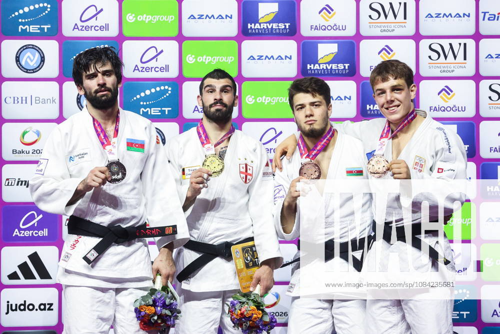 AZERBAIJAN, BAKU - OCTOBER 7, 2026: 2nd placed Zelim Tckaev of Azerbaijan, 1st placed Tato Grigalashvili of Georgia, 3rd placed Omar Radzhabli of Azerbaijan and Mihajlo Simin (L-R) of Serbia pose during an award ceremony for the men s -81 kg category during the 2026 World Judo Championships at the National Gymnastics Arena 2026 World Judo Championships In Baku - ZUMAt113 20261007_zaa_t113_540