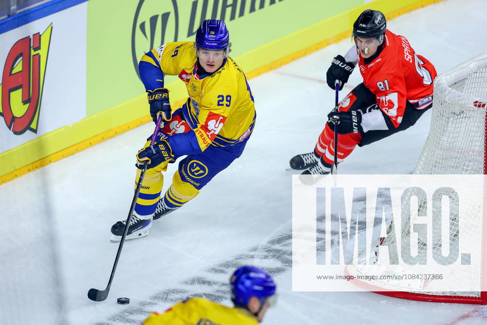 Ice Hockey, CHL, Kölner Haie vs. Blue Fox Herning, Champions Hockey League 2026–27, Matchday 5, 2026–27 Season, Lanxess Arena, Cologne: Lukas Bang (Przemieslo, Blue Fox Herning, No. 29) in a one-on-one battle against Mateu Späth (Cologne Sharks, No. 81), North Rhine-Westphalia, Germany