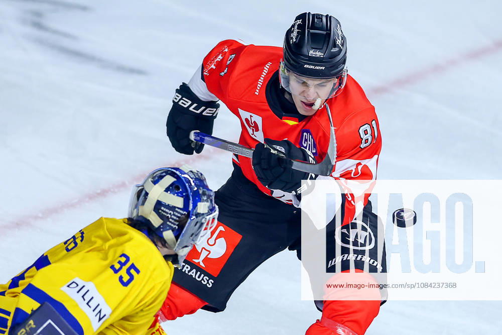 Ice Hockey, CHL, Kölner Haie vs. Blue Fox Herning, Champions Hockey League 2026–27, Matchday 5, 2026–27 Season, Lanxess Arena, Cologne; Mateu Späth of the Kölner Haie (No. 81) shoots on goal against goalie Janis Fecers of Blue Fox Herning (No. 35); North Rhine-Westphalia, Germany