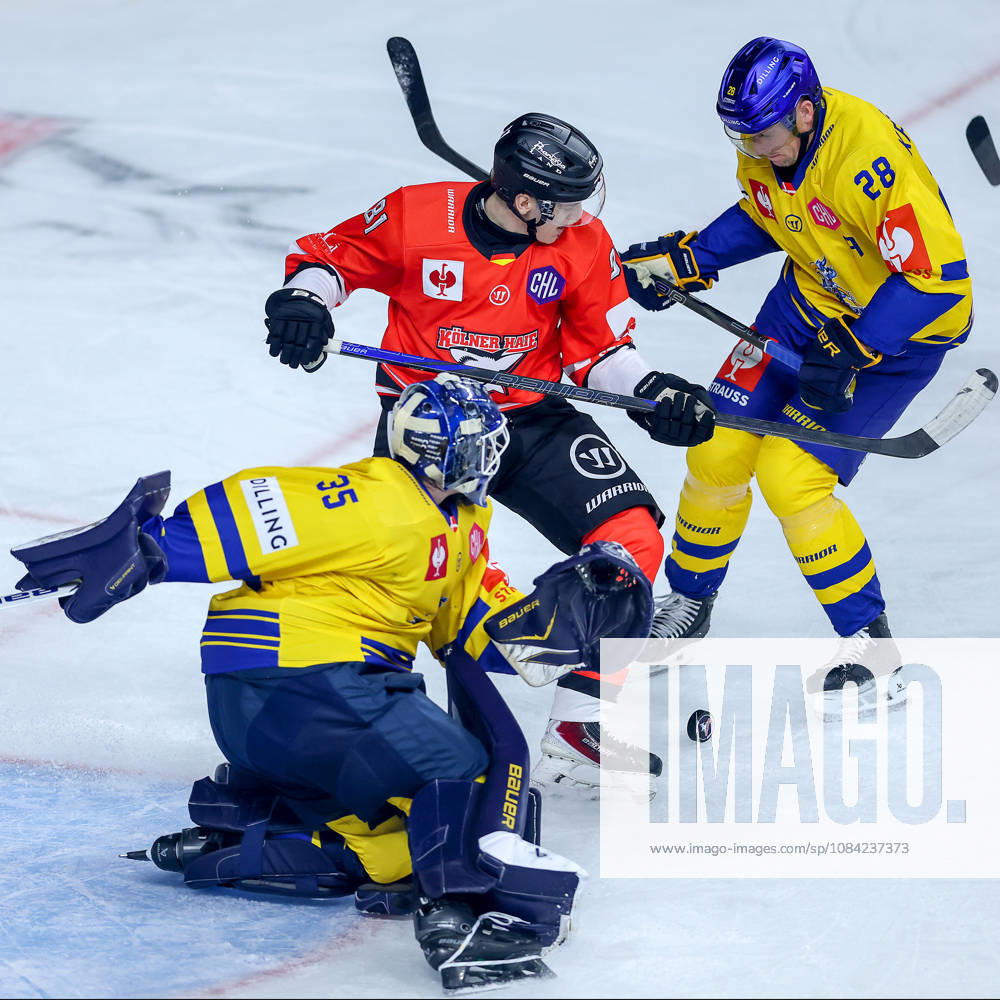 Ice Hockey, CHL, Kölner Haie vs. Blue Fox Herning, Champions Hockey League 2026–27, Matchday 5, 2026–27 Season, Lanxess Arena, Cologne; Mateu Späth, Kölner Haie 81, in a battle against Janis Fecers, Blue Fox Herning 35; Emil Lojborg Kristensen, Blue Fox Herning 28; North Rhine-Westphalia, Germany