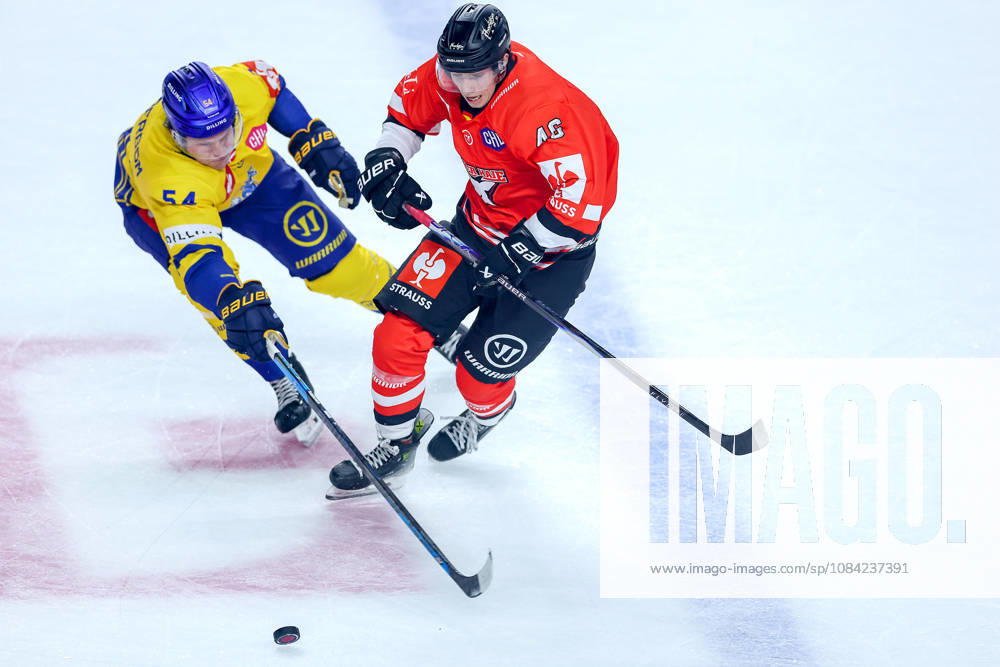 Ice Hockey, CHL, Kölner Haie vs. Blue Fox Herning, Champions Hockey League 2026–27, Matchday 5, 2026–27 Season, Lanxess Arena, Cologne: Matteus Vilmer Söderbom of Blue Fox Herning (No. 54) in a one-on-one battle against Noah Münzenberger of the Kölner Haie (No. 64), North Rhine-Westphalia, Germany