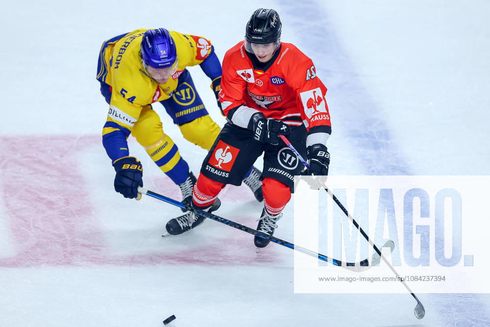 Ice Hockey, CHL, Kölner Haie vs. Blue Fox Herning, Champions Hockey League 2026–27, Matchday 5, 2026–27 Season, Lanxess Arena, Cologne: Matteus Vilmer Söderbom of Blue Fox Herning (No. 54) in a one-on-one battle against Noah Münzenberger of the Kölner Haie (No. 64), North Rhine-Westphalia, Germany