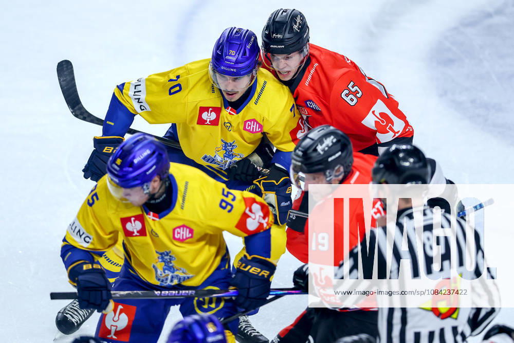 Ice Hockey, CHL, Kölner Haie vs. Blue Fox Herning, Champions Hockey League 2026–27, Matchday 5, 2026–27 Season, Lanxess Arena, Cologne; Oliver Enar Kiljunen of Blue Fox Herning (70) in a battle against Marco Münzenberger of the Kölner Haie (65); North Rhine-Westphalia, Germany