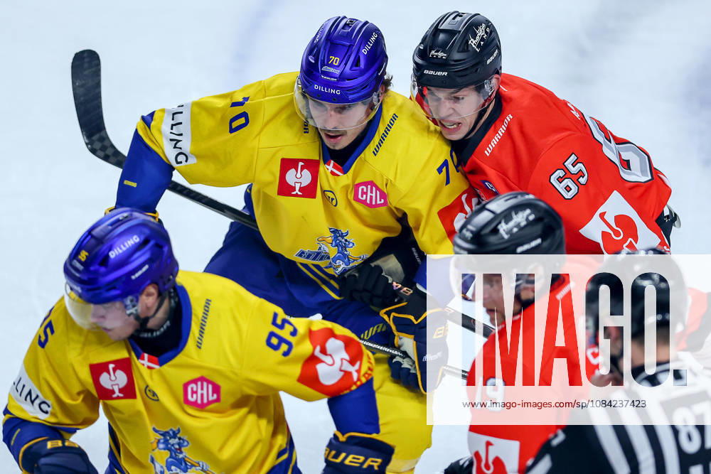 Ice Hockey, CHL, Kölner Haie vs. Blue Fox Herning, Champions Hockey League 2026–27, Matchday 5, 2026–27 Season, Lanxess Arena, Cologne; Oliver Enar Kiljunen of Blue Fox Herning (70) in a battle against Marco Münzenberger of the Kölner Haie (65); North Rhine-Westphalia, Germany