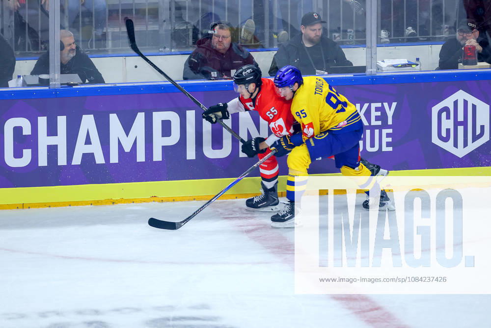 Ice Hockey, CHL, Kölner Haie vs. Blue Fox Herning, Champions Hockey League 2026–27, Matchday 5, 2026–27 Season, Lanxess Arena, Cologne; Marco Münzenberger of the Kölner Haie ’65 in a duel against Artturi Mikael Toivola of Blue Fox Herning ’95 in front of the CHL logo; North Rhine-Westphalia, Germany
