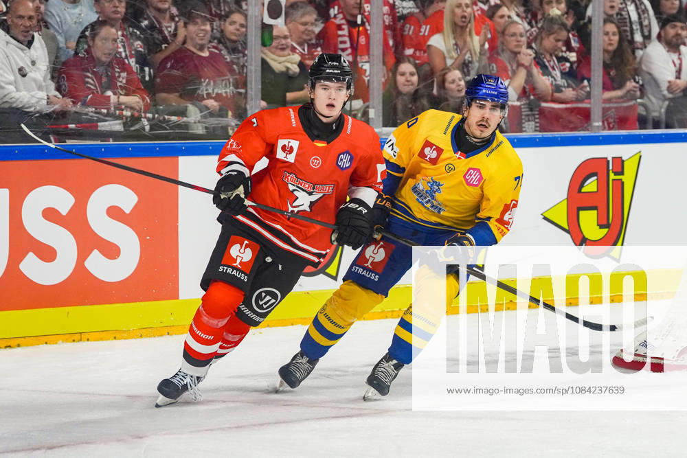 Ice Hockey CHL, Matchday 5: Kölner Haie vs. Herning Blue Fox on October 7, 2026, at the Lanxess Arena in Cologne. Carlos Händel (Cologne), left; Oliver Otto and Einar Kiljunen (Herning), right