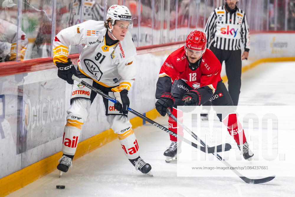 NL: Lausanne HC - HC Lugano 07.10.2026, Lausanne, Vaudoise Arena, NL: Lausanne HC - HC Lugano. Daniel Olsson (91, HC Lugano) and Yannick Zehnder (12, Lausanne HC) during the 2026-2027 Swiss National League Ice hockey, Eishockey game between Lausanne HC and HC Lugano the Wednesday 07.10.2026 at the Vaudoise Arena in Lausanne, Switzerland. Lausanne Vaudoise Arena Vaud Switzerland
