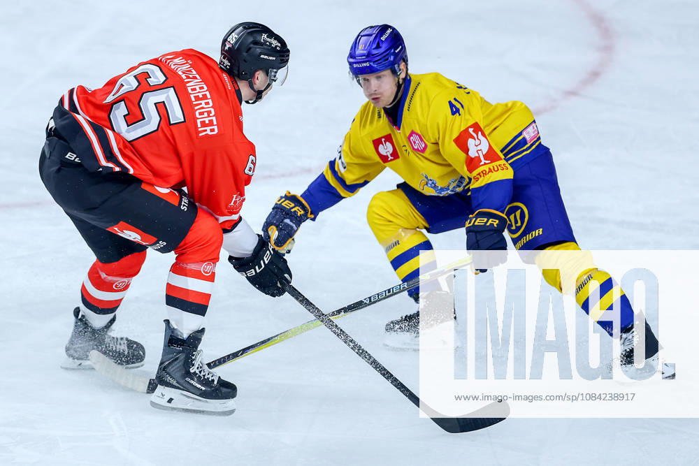 Ice Hockey, CHL, Kölner Haie vs. Blue Fox Herning, Champions Hockey League 2026–27, Matchday 5, 2026–27 Season, Lanxess Arena, Cologne; Marco Münzenberger of the Kölner Haie (No. 65) battles Mads Skov Larsen of Blue Fox Herning (No. 41); North Rhine-Westphalia, Germany