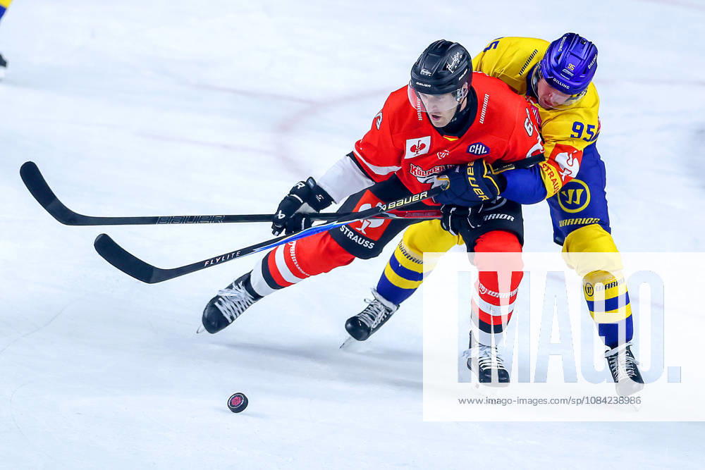 Ice Hockey, CHL, Kölner Haie vs. Blue Fox Herning, Champions Hockey League 2026–27, Matchday 5, 2026–27 Season, Lanxess Arena, Cologne; Marco Münzenberger of the Kölner Haie ’65 battles Artturi Mikael Toivola of Blue Fox Herning ’95; North Rhine-Westphalia, Germany
