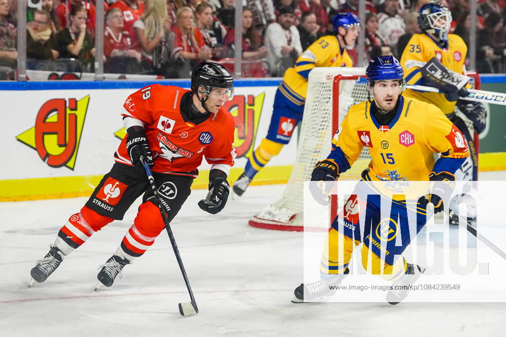Ice Hockey CHL, Matchday 5: Kölner Haie vs. Herning Blue Fox on October 7, 2026, at the Lanxess Arena in Cologne. Frederik Storm (Cologne), left; Jared Kyle Dmytriw (Herning), right.