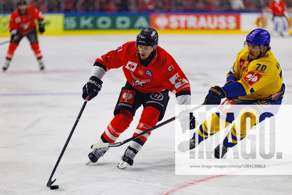 COLOGNE, GERMANY - 7 OCTOBER 2026: Image shows Markus Ljungh (Kölner Haie, 61) and Oliver Kiljunen (Herning Blue Fox, 70) during Champions Hockey League 2026 27 League Phase, Matchday 5: Kölner Haie vs Herning Blue Fox at LANXESS arena on 7 10 2026 in Cologne, Germany. Germany
