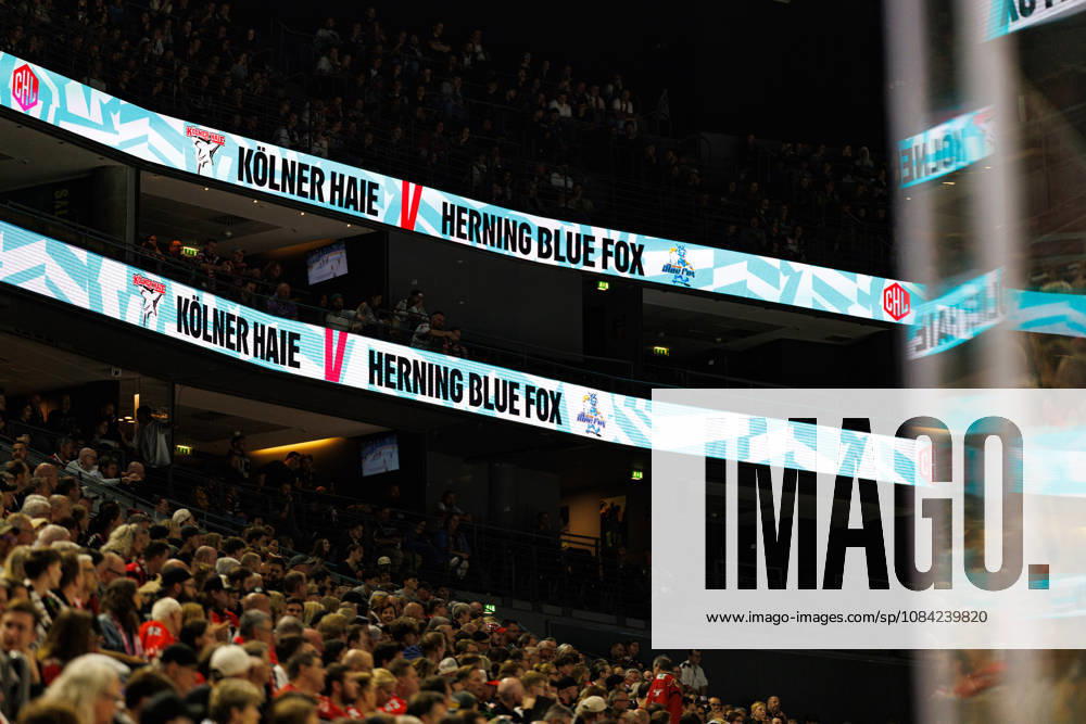 COLOGNE, GERMANY - 7 OCTOBER 2026: Image shows bill board in LANXESS arena with Kölner Haie vs Herning Blue Fox during Champions Hockey League 2026 27 League Phase, Matchday 5: Kölner Haie vs Herning Blue Fox at LANXESS arena on 7 10 2026 in Cologne, Germany. Germany