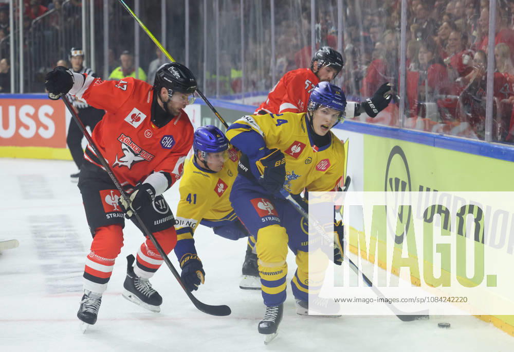 Veli Matti Vittasmaki, Cologne Sharks 47; Mads Larsen, Herning Blue Fox 41; Lasse Baerentsen, Herning Blue Fox 24; Brady Austin, Cologne Sharks 57 GER, Cologne Sharks vs. Herning Blue Fox, Ice Hockey, DEL, 2026–2027 Season, October 7, 2026 GER, Cologne Sharks vs. Herning Blue Fox, Ice Hockey, DEL, 2026–2027 Season, October 7, 2026 Germany