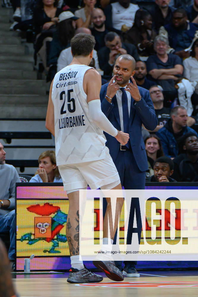 EuroLeague 2026, Paris Basketball vs LDLC ASVEL Villeurbanne, Basketball HUGO BESSON of ASVEL talks with ASVEL Head Coach TONY PARKER during the EuroLeague 2026 match between Paris Basketball and LDLC ASVEL Villeurbanne at Adidas Arena on October 07, 2026 in Paris, France. Paris Adidas Arena France