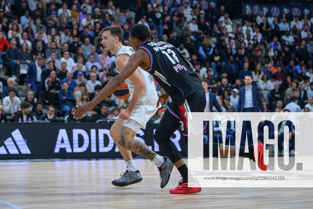 EuroLeague 2026, Paris Basketball vs LDLC ASVEL Villeurbanne, Basketball HUGO BESSON of ASVEL and Allan Dokossi of Paris Basket during the EuroLeague 2026 match between Paris Basketball and LDLC ASVEL Villeurbanne at Adidas Arena on October 07, 2026 in Paris, France. Paris Adidas Arena France